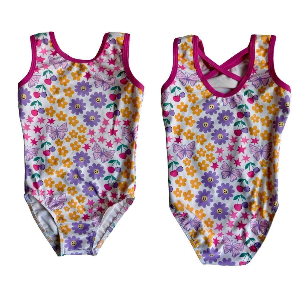 Girls Floral and Butterfly Print Gymnastics Leotard